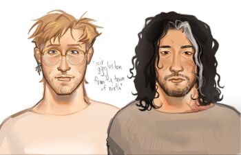 Rule 34 | 2boys, aegyo sal, beard, black hair, blonde hair, blue eyes, brown eyes, crysbii, earrings, expressionless, facial hair, genre connection, grey streaks, highres, iron lung (movie), jewelry, looking at viewer, male focus, multicolored hair, multiple boys, project hail mary, round eyewear, ryland grace, short hair, simon (iron lung), streaked hair, upper body, wavy hair
