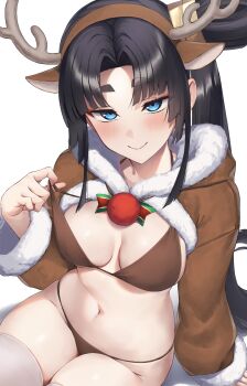 1girl animal_costume animal_ear_hairband animal_ears antlers bikini black_hair blue_eyes blush bow breasts brown_bikini brown_hairband closed_mouth commentary_request deer_ears fake_animal_ears fate/grand_order fate_(series) hairband highres horns looking_at_viewer medium_breasts navel pinta_(ayashii_bochi) pulling_own_clothes reindeer_antlers shrug_(clothing) simple_background sitting smile smug solo stomach swimsuit thick_eyebrows thighhighs ushiwakamaru_(fate) white_background