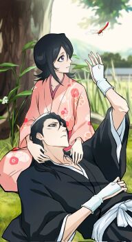 Rule 34 | 1boy, 1girl, antatica11, black hair, black kimono, bleach, blurry, blurry background, bug, commentary, corrupted twitter file, couple, cowboy shot, day, dragonfly, english commentary, flipped hair, floral print, floral print kimono, frown, grass, hand up, hetero, highres, insect, japanese clothes, kimono, kuchiki byakuya, kuchiki hisana, lap pillow, light blush, long hair, long sleeves, looking at animal, lying, medium hair, on back, on grass, outdoors, parted lips, print kimono, profile, purple eyes, sitting, smile, tree, tsurime, upturned eyes, wide sleeves