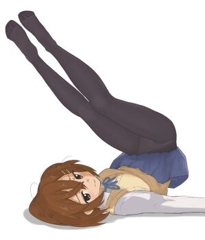 1girl andreypavlow black_pantyhose blue_ribbon blue_skirt blush brown_eyes brown_hair closed_mouth crossed_bangs full_body hair_ornament hairclip highres hirasawa_yui k-on! legs legs_up long_sleeves lying medium_hair miniskirt neck_ribbon no_shoes on_back panties panties_under_pantyhose pantyhose revision ribbon sakuragaoka_high_school_uniform school_uniform shadow shirt simple_background skirt solo toenails toes underwear white_background white_panties white_shirt