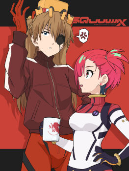 2girls alternate_size amate_yuzuriha blue_eyes breasts brown_hair cameltoe company_connection creator_connection eyepatch gundam gundam_gquuuuuux highres jacket laofuzi_dai_bansho long_hair mecha_pilot_suit medium_hair multicolored_eyes multiple_girls neon_genesis_evangelion plugsuit_(evangelion) red_hair small_breasts souryuu_asuka_langley teeth tsundere twintails