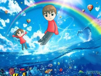 1boy 1girl animal bird black_eyes black_pants blue_sky brown_hair brown_pants bubble closed_mouth cloud colorful day derivative_work fish frown frutiger_aero full_body guest_c_(mii) guest_f_(mii) heart looking_at_viewer meme mii_(nintendo) mob_face nintendo ocean outdoors pants parody rainbow red_shirt shirt short_hair sky smile sparkle symphony_dolphin_(meme) underwater water zorrpu