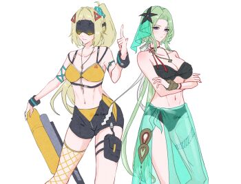 2girls alternate_costume arm_strap ashimi_fugo bare_shoulders bikini bikini_bottom_under_shorts bikini_under_clothes black_bikini black_flower black_shorts blindfold_mask blonde_hair blue_eyes breasts cleavage closed_mouth collarbone commentary covered_eyes cowboy_shot crossed_arms fishnet_thighhighs fishnets flower glowing_mask green_hair green_sarong hair_flower hair_ornament highres index_finger_raised isolde_(zenless_zone_zero) jewelry large_breasts long_hair looking_at_viewer mask mole mole_under_eye multiple_girls navel necklace parted_lips ponytail pouch sarong see-through_clothes see-through_sarong shorts simple_background single_thighhigh stomach swimsuit symbol-only_commentary thigh_pouch thighhighs triangle_hair_ornament trigger_(zenless_zone_zero) twitter_username white_background wristband yellow_bikini zenless_zone_zero zipper