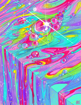 bubble colorful commentary dripping english_commentary jake_romano lens_flare liquid no_humans original rainbow signature slime_(substance) sparkle