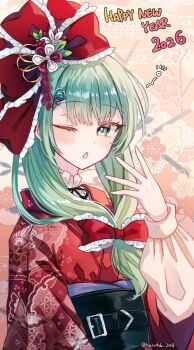 Rule 34 | 1girl, 2026, bow, commentary request, floral background, floral print, floral print kimono, frilled ribbon, frills, front ponytail, green eyes, green hair, hair ribbon, happy new year, highres, japanese clothes, kagiyama hina, kimono, looking at viewer, miyakure, new year, one eye closed, print kimono, red bow, red kimono, red ribbon, ribbon, solo, touhou, twitter username