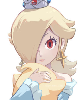 1girl bare_shoulders blonde_hair blue_dress corruption crown dress earrings eyelashes hair_over_one_eye highres holding jewelry lips long_hair long_sleeves luma_(mario) mario_(series) mario_+_rabbids_sparks_of_hope nintendo off-shoulder_dress off_shoulder official_style parted_lips raving_rabbids red_eyes rosalina star_(symbol) star_earrings twitter_username upper_body white_background yamari_(ya_mari_6363)