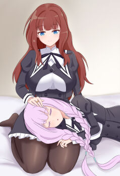 Rule 34 | 2girls, absurdres, arm at side, assault lily, bed, black ribbon, black skirt, blue eyes, blunt bangs, blurry, blurry background, blush, braid, breasts, brown hair, brown pantyhose, chinese commentary, closed eyes, closed mouth, commentary request, cropped jacket, hand on another's head, hand on another's thigh, hand up, high-waist skirt, highres, hitotsuyanagi yuri, indoors, jewelry, juliet sleeves, kaede johan nouvel, lap pillow, large breasts, long hair, long sleeves, looking at another, looking down, low twin braids, low twintails, lying, multiple girls, neck ribbon, no shoes, on bed, on side, pantyhose, parted lips, puffy sleeves, purple hair, ribbon, ring, school uniform, seiza, shirt, sidelocks, sitting, skirt, sleeping, sleeping on person, smile, twin braids, twintails, very long hair, wavy hair, white shirt, xingguang, yuri, yurigaoka girls academy school uniform