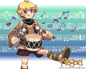 1boy 2001 aqua_background asgard bard bard_(asgard) bare_shoulders beamed_eighth_notes belt belt_buckle bf._(sogogiching) black_shirt blonde_hair blue_background blue_eyes blue_pupils blush brown_belt brown_shirt brown_shorts brown_sleeves buckle closed_mouth copyright_name copyright_notice dated drum eighth_note english_text fantasy foot_out_of_frame gladiator_sandals hair_between_eyes halftone halftone_background holding_mallets_(music) instrument jewelry leg_up legs_apart logo long_sleeves looking_at_viewer male_focus mallet_(instrument) musical_note necklace nexon nose_blush off-shoulder_shirt off_shoulder official_art official_wallpaper outline sandals second-party_source shirt shirt_under_shirt short_hair shorts sidelocks sixteenth_note solo toes tongue tongue_out turtleneck turtleneck_shirt white_outline whole_note wide_sleeves yellow_sandals