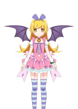 1girl a-pose absurdres arms_at_sides bat_wings blonde_hair blue_thighhighs blush_stickers bow bow_hairband bracelet center_cross_lace choker donut dot_nose dress feet_out_of_frame flat_chest flipped_hair food frilled_dress frilled_straps frills full_body garter_straps hair_flaps hairband highres jewelry large_bow long_hair magia_record:_mahou_shoujo_madoka_magica_gaiden magical_girl mahou_shoujo_madoka_magica monogatari_(series) navel official_art oshino_shinobu pendant_choker pink_bow pink_dress pointy_ears puffy_short_sleeves puffy_sleeves purple_choker purple_hairband purple_thighhighs ringed_eyes short_sleeves simple_background solo straight-on striped_clothes striped_thighhighs thighhighs transparent_background very_long_hair waist_bow white_sleeves wings wristband yellow_eyes