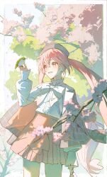 Rule 34 | 1girl, :d, absurdres, arm at side, bird, bird on hand, blush, branch, cherry blossoms, collared shirt, cowboy shot, day, grey jacket, hair between eyes, hand up, hatsune miku, high-waist skirt, highres, jacket, legs apart, long hair, long sleeves, looking at animal, miniskirt, open clothes, open jacket, open mouth, outdoors, pink eyes, pink hair, pink skirt, plaid, plaid jacket, pleated skirt, sakura miku, sakura miku (rella), shirt, sidelocks, skirt, sleeve cuffs, sleeves past wrists, smile, solo, tree, twintails, very long hair, vocaloid, white shirt, yurun (yurun ume)