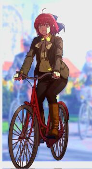 1girl ahoge bicycle blazer blue_bow blurry blurry_background boots bow brown_boots brown_bow brown_jacket brown_pants casual collared_shirt hair_between_eyes hair_bow highres jacket knee_boots kohaku_(tsukihime) long_sleeves looking_ahead masatoshi_ikeda_(uug28aiuopy2six) open_mouth pants red_hair riding riding_bicycle shirt short_hair smile solo tsukihime yellow_shirt