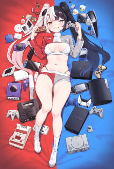 1girl absurdres black_hair blush boots breasts breasts_apart cd character_request cloba console_war controller copyright_request cropped_jacket dvd_(object) famicom from_above full_body game_boy game_boy_(original) game_boy_advance game_cartridge game_console game_controller gamecube grey_eyes grin hair_ornament handheld_game_console heterochromia highres holding holding_controller holding_game_controller long_hair long_sleeves looking_at_viewer lying medium_breasts midriff multicolored_hair navel nintendo nintendo_64 nintendo_64_controller nintendo_ds nintendo_switch on_back orange_eyes original playstation_1 playstation_2 playstation_3 playstation_4 playstation_5 playstation_controller playstation_logo playstation_portable short_shorts shorts sidelocks smile socks solo super_famicom symbol-shaped_pupils thigh_gap thighs twintails two-tone_hair video_game white_hair white_socks wii wii_remote