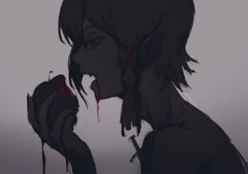 1girl apple asymmetrical_hair bare_shoulders bleeding blood blood_from_mouth blood_on_food braid cross cross_hair_ornament deathtopia_virtuoso_suicide-master dripping eating eyelashes eyeshadow fang fangs fingernails food food_bite from_side fruit grey_background hair_ornament hair_ribbon half-closed_eyes hand_up highres holding holding_food holding_fruit makeup monochrome monogatari_(series) open_mouth pointy_ears profile red_eyes red_eyeshadow red_ribbon ribbon ribbon_braid short_hair side_braid simple_background single_sidelock solo spot_color taki_(a313131333) teeth tongue tongue_out tress_ribbon upper_body vampire wazamonogatari x_hair_ornament