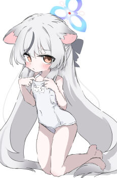 1girl absurdres animal_ear_fluff animal_ears barefoot blue_archive blue_halo blush brown_eyes covered_navel crossed_legs feet halo highres kneeling kokona_(blue_archive) loli long_hair name_tag natsukari_na old_school_swimsuit one-piece_swimsuit school_swimsuit solo swimsuit thighs tiger_ears tiger_girl toes very_long_hair white_hair white_one-piece_swimsuit