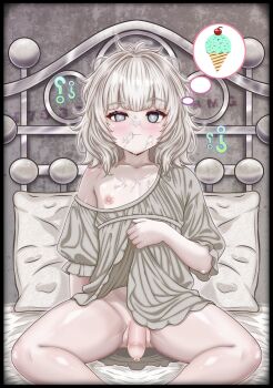 1girl bed blind book capcom cum cum_in_mouth doll emily_(resident_evil) female futa_loli futanari genderswap grey_hair hacker75358mg highres looking_at_viewer no_panties on_bed pale_skin resident_evil resident_evil_requiem shota smile testicles thighs
