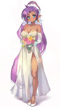 Rule 34 | 1girl, bare shoulders, blue eyes, bouquet, breasts, bridal veil, cleavage, dark-skinned female, dark skin, dress, earrings, flower, full body, highres, jewelry, large breasts, life is pi, long hair, looking at viewer, off-shoulder dress, off shoulder, pointy ears, ponytail, purple hair, shantae, shantae (series), side slit, simple background, smile, solo, standing, veil, very long hair, wedding dress, white background