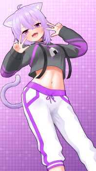 1girl :3 :d absurdres ahoge animal_ear_fluff animal_ears black_choker black_hoodie blush cat_ears cat_girl cat_tail choker commentary cropped_hoodie double_w fang food_print grid_background hair_between_eyes hands_up happyundergate highres hololive hood hoodie midriff navel nekomata_okayu nekomata_okayu_(1st_costume) onigiri_print open_mouth pants purple_eyes purple_hair short_hair simple_background slit_pupils smile solo sweatpants tail virtual_youtuber w white_pants