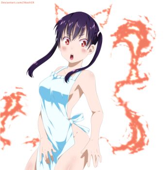 1girl animal_ears apron aqua_apron arm_at_side armpits artist_name ass barefoot black_hair blush breasts cat_ears cat_tail cleavage cleft_of_venus collarbone completely_nude covering_crotch covering_privates deviantart_username embarrassed en&#039;en_no_shouboutai eyelashes feet female_focus fingernails fire highres legs looking_at_viewer looking_to_the_side medium_breasts naked_apron neck nude open_mouth pyrokinesis shiny_skin sideboob sidelocks simple_background slit_pupils solo standing tail tamaki_kotatsu thighs twintails white_background yellow_eyes