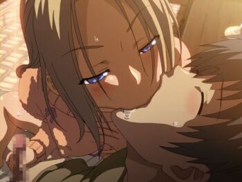 1girl animated animated_gif assertive_female blonde_hair blue_eyes blush breasts censored covered_erect_nipples femdom bad_tag game_cg handjob hetero indoors interior kamimura_akiko kiss kouzaka_kouhei long_hair long_sleeves mature_female mosaic_censoring penis saliva sisters_~natsu_no_saigo_no_hi~ small_breasts sweat