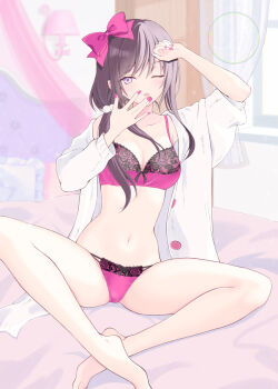 Rule 34 | 1girl, barefoot, bed, bedroom, black bow, bow, bow bra, bow panties, bra, breasts, brown hair, cardigan, cleavage, collarbone, curtains, ear piercing, floral print, grey eyes, hair bobbles, hair bow, hair ornament, lace, lace-trimmed bra, lace-trimmed panties, lace trim, lamp, light particles, long hair, long sleeves, looking at viewer, medium breasts, minatoyui3710, nail polish, navel, on bed, one eye closed, open cardigan, open clothes, open mouth, original, panties, piercing, pillow, pink bow, pink bra, pink nails, pink panties, print bra, print panties, sitting, sleepy, stretching, teeth, underwear, waking up, white cardigan, window, yawning
