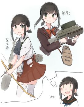 1girl absurdres akagi_(kancolle) akagi_(kancolle)_(cosplay) black_hair black_sailor_collar blouse blush bow_(weapon) brown_cardigan brown_gloves cardigan commentary_request cosplay flight_deck fubuki_(kancolle) fubuki_kai_ni_(kancolle) gloves green_eyes hakama hakama_short_skirt hakama_skirt highres holding holding_bow_(weapon) holding_weapon imagining japanese_clothes kantai_collection long_sleeves ma_rukan multiple_views muneate neck_ribbon open_mouth partially_fingerless_gloves partly_fingerless_gloves ponytail red_hakama red_ribbon ribbon rigging sailor_collar school_uniform serafuku shirt short_hair short_ponytail signature simple_background skirt smile suzuya_(kancolle) suzuya_(kancolle)_(cosplay) tasuki thighhighs weapon white_background white_shirt white_thighhighs yugake yumi_(bow)