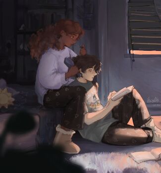 1boy 1girl black_eyes black_hair blurry blurry_foreground book bookshelf boots brother_and_sister brown_hair brushing_another's_hair brushing_hair comb commentary curly_hair dark-skinned_female dark_skin english_commentary full_body grey_shirt hazel_levesque highres holding holding_book holding_comb indoors itsis0k knee_up long_hair nico_di_angelo open_book percy_jackson_and_the_olympians plant potted_plant print_shirt reading shirt short_hair siblings sitting t-shirt white_shirt window_blinds window_light
