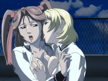 00s 2005 2girls american animated animated_gif bible_black bible_black_new_testament blonde_hair breasts brown_hair female_focus grabbing_another&#039;s_breast groping hair_ribbon jody_crowley licking multiple_girls night nipples open_clothes ribbon school_uniform shin_bible_black shiny_skin short_hair tagme tan tanline tongue tongue_out toudou_yuki twintails yuri