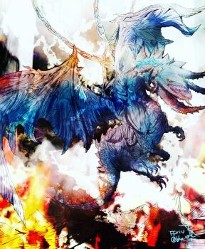 Rule 34 | chain, commentary request, copyright name, dragon, final fantasy, final fantasy xiv, highres, monster, monster focus, nidhogg (ff14), no humans, open mouth, red eyes, ruka (blueplus84), sharp teeth, solo, teeth, twitter username, western dragon