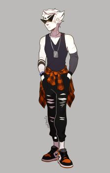 1boy absurdres arm_freckles arm_tattoo bare_shoulders black_pants black_shoes body_freckles bracelet closed_mouth clothes_around_waist collarbone colored_skin commentary dirk_strider dog_tags emo_fashion english_commentary eyebrow_cut freckles frown full_body grey_background grey_tank_top highres homestuck indigonite jewelry male_focus multicolored_shoes necklace orange_shirt orange_shoes pants plaid_clothes plaid_shirt scar scar_on_neck shirt shirt_around_waist shoes shoulder_freckles silver_necklace simple_background snakebite_(piercing) sneakers solo spiked_hair standing tank_top tattoo torn_clothes torn_pants two-tone_shoes white_hair white_skin