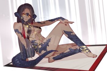 1girl anklet au_ra bad_tag black_bra blue_horns blue_scales bra breasts brown_hair chain chinese_commentary commentary_request commission dark-skinned_female dark_skin dragon_tail feet final_fantasy final_fantasy_xiv gold_anklet gold_chain gold_ring grey_background hand_on_own_knee horns jewelry leaning_forward legs long_hair mat nail_polish reclining red_nails sitting small_breasts smile tail toenail_polish toenails toes two-tone_background underboob underwear warrior_of_light_(ff14) watermark white_background wudiyishileiyu yellow_eyes