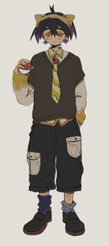 Rule 34 | 1boy, absurdres, alternate costume, black hair, black pants, black shoes, blue socks, blush, closed mouth, collared shirt, commentary request, crossed bangs, full body, grey background, hairband, highres, holding, holding poke ball, kieran (pokemon), looking at viewer, male focus, mismatched socks, mole, mole on neck, necktie, nintendo, orange eyes, pants, poke ball, poke ball (basic), pokemon, pokemon sv, purple hair, rowa (maro kyrw), shirt, shoes, simple background, socks, solo, standing, sweater vest