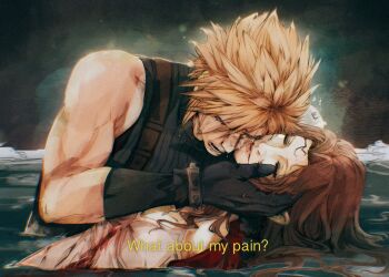 1boy 1girl absurdres aerith_gainsborough armor black_gloves blonde_hair blood blood_on_clothes breasts brown_hair cleavage closed_eyes cloud_strife crying death dress english_text final_fantasy final_fantasy_vii forgotten_city furrowed_brow gloves hair_between_eyes hand_in_another&#039;s_hair hand_on_another&#039;s_face highres jacket long_hair medium_breasts muscular muscular_male open_mouth parted_bangs partially_submerged pauldrons pink_dress red_jacket shanlieart short_hair shoulder_armor sidelocks single_bare_shoulder single_pauldron sleeveless sleeveless_turtleneck spaghetti_strap spiked_hair subtitled suspenders tears turtleneck upper_body