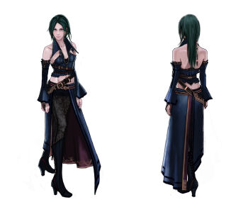 1girl absurdres alicia_(bullet_witch) aq_interactive backless_outfit bare_back bare_shoulders bell_sleeves belt belt_buckle black_shorts boots bra bra_peek breasts bridal_gauntlets buckle bullet_witch cavia center_opening cleavage collarbone concept_art crop_top detached_sleeves frilled_shorts frills full_body green_eyes green_hair hair_tubes halter_shirt halterneck high_heel_boots high_heels highres knee_boots lace lace-trimmed_bra lace-up_boots cross-laced_sleeves lace_legwear lace_trim layered_sleeves long_hair long_sleeves looking_at_viewer matching_hair/eyes midriff mole mole_under_eye multiple_views navel official_art pantyhose pantyhose_under_shorts partially_unzipped see-through_clothes see-through_legwear shirt shorts shoulder_blades sideways_glance sleeveless sleeveless_shirt small_breasts turning_head underwear waist_cape wing_collar witch