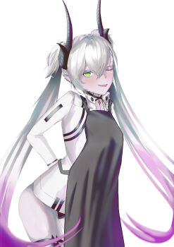 1girl absurdres apron arms_behind_back black_apron black_hands black_panties body_markings breasts choker colored_extremities cosplay crossed_bangs demon_girl demon_horns ear_piercing fate/grand_order fate_(series) fujimaru_ritsuka_(male) fujimaru_ritsuka_(male)_(cosplay) fujimaru_ritsuka_(male)_(decisive_battle_chaldea_uniform) green_eyes grey_hair hair_between_eyes highres horns jacket lilith_(fate) long_hair long_sleeves looking_at_viewer medium_breasts nosferatu311 one_eye_closed panties piercing pointy_ears smile solo thighs twintails underwear very_long_hair white_jacket