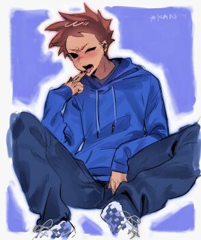 Rule 34 | 1boy, animification, blue background, blue hoodie, blue pants, blue theme, border, brown hair, checkered shoes, eddsworld, full body, giotletranly, hashtag-only commentary, highres, hollow eyes, hood, hood down, hoodie, long sleeves, looking at viewer, male focus, open mouth, outline, pants, short hair, signature, simple background, sitting, solo, spiked hair, spread legs, tom (eddsworld), tongue, tongue out, white border, white outline