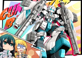 2girls aqua_hair black_hair blonde_hair breasts controller dual_wielding expressionless fusion gradient_hair green_eyes gun gundam gundam_breaker_4 gundam_build_divers gundam_build_divers_re:rise gundam_build_fighters gundam_build_fighters_try gundam_gp-02_physalis gunpla highres holding holding_controller holding_gun holding_toy holding_weapon hoshino_fumina in-franchise_crossover may_(gundam_build_divers_re:rise) mecha medium_breasts mobile_doll_may model_kit multicolored_hair multiple_girls ponytail raised_inner_eyebrows robot shaded_face shrug_(clothing) sibelurabbi super_fumina sweatdrop toy weapon white_eyes