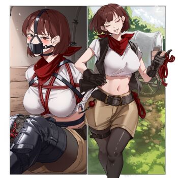 1girl absurdres bdsm bondage bound commentary english_commentary gag gagged harris_hero highres kidnapping original pantyhose restrained shibari shibari_over_clothes solo