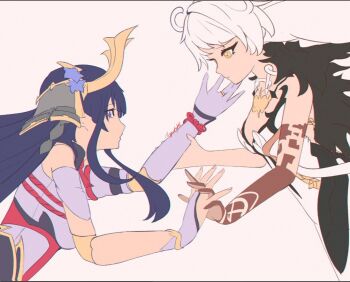 +_+ 2girls ahoge armor asmoday_(genshin_impact) bad_id bad_twitter_id bare_shoulders black_fur blunt_bangs celtic_knot cinnie_kinnie closed_mouth couple detached_collar fake_horns from_side fur_trim genshin_impact hair_between_eyes hair_down headpiece holding_another's_arm holding_hands horns humanoid_robot japanese_armor joints leaning_forward long_hair looking_at_another looking_down looking_up mole mole_under_eye multiple_girls official_alternate_costume pink_background purple_eyes purple_hair purple_nails raiden_shogun raiden_shogun_(magatsu_mitake_narukami_no_mikoto) robot robot_joints sketch unfinished upper_body wavy_hair white_hair yellow_eyes yuri