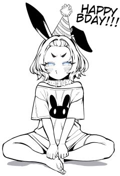 1girl animal_ears blue_eyes blush borrowed_character collar commentary english_commentary forehead full_body fwunnybwunny_(character) greyscale hair_intakes happy_birthday hat highres indian_style kunitoro_(artist) monochrome o3o off-shoulder_shirt off_shoulder original party_hat pout rabbit_ears rabbit_girl shirt short_hair sitting solo spot_color v-shaped_eyebrows