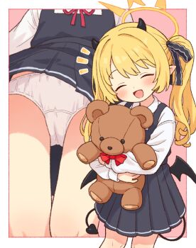 1girl :d asymmetrical_hair black_dress black_horns black_ribbon black_tail black_wings blonde_hair blue_archive blush border closed_eyes commentary_request demon_girl demon_horns demon_tail demon_wings dress facing_viewer halo holding holding_stuffed_toy horns ibuki_(blue_archive) loli long_hair long_sleeves mtu_virus multiple_views neck_ribbon notice_lines onyhakase open_mouth panties partial_commentary pinafore_dress pink_background pleated_dress red_ribbon ribbon shirt short_dress side_ponytail simple_background sleeveless sleeveless_dress smile stuffed_animal stuffed_toy tail teddy_bear underwear white_border white_panties white_shirt wings yellow_halo