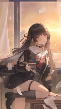 1girl absurdres arm_cutout black_hair black_jacket black_serafuku black_shirt black_skirt black_socks breasts chisa_(wuthering_waves) chromatic_aberration clothing_cutout commentary_request crop_top desk fingernails food food_in_mouth hair_ribbon highres holding indoors jacket long_hair looking_at_viewer medium_breasts mole mole_under_eye mrotan neckerchief on_desk orange_sky paper pocky pocky_in_mouth red_eyes red_neckerchief red_ribbon ribbon sailor_collar school_uniform serafuku shirt sitting skirt sky socks solo tacet_mark_(wuthering_waves) thigh_strap thighs white_sailor_collar wuthering_waves