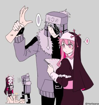 ! ... 1boy 1girl 1other ^_^ ^q^ anger_vein belt black_belt black_boots black_dress black_gloves black_pants black_sweater black_thighhighs black_veil boots bright_pupils chinese_commentary closed_eyes closed_mouth commentary_request completely_nude cowboy_shot cross disembodied_hand double-parted_bangs double_thumbs_up dress eyepatch fingerless_gloves fingernails flat_color flying_sweatdrops friday_night_funkin&#039; frilled_sleeves frills full_body fur-trimmed_jacket fur_trim garter_straps gloves grey_background grey_eyes grey_hair hair_between_eyes hair_over_shoulder hand_on_another&#039;s_wrist hat herliearse holding holding_paper humanization jacket juliet_sleeves knee_boots long_hair long_sleeves looking_at_another nude nun one_eye_covered open_clothes open_jacket pants paper pencil_dress pink_eyes pink_hair pink_veil pocket puffy_long_sleeves puffy_sleeves purple_hat purple_jacket ruvyzvat_(friday_night_funkin&#039;) sarvente_(friday_night_funkin&#039;) short_dress simple_background spoken_ellipsis spoken_exclamation_mark standing sweat sweater thighhighs thumbs_up turtleneck turtleneck_sweater twitter_username two-sided_veil ushanka v-shaped_eyebrows veil white_pupils zettai_ryouiki