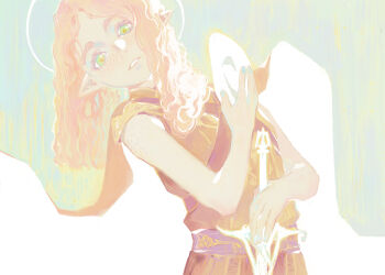 Rule 34 | 1girl, absurdres, baldur's gate, baldur's gate 3, curly hair, dagger, dungeons & dragons, dungeons &amp; dragons, freckles, halo, highres, holding, holding dagger, holding knife, holding mask, holding weapon, knife, kuzen, long hair, looking at viewer, mask, multicolored eyes, pale color, pink hair, pointy ears, solo, tav (baldur's gate), upper body, weapon