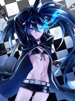 1girl belt bikini bikini_top_only black_coat black_rock_shooter black_rock_shooter_(character) black_shorts blue_eyes blue_fire chain coat exit_120025 fire flaming_eye front-tie_bikini_top front-tie_top glowing glowing_eye highres long_hair no_shirt open_clothes open_coat pale_skin scar shorts swimsuit sword twintails uneven_twintails weapon