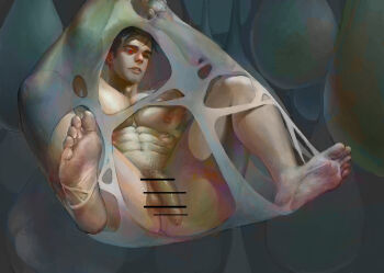 1boy abs ass bar_censor barefoot black_hair censored egg feet hanging makuro_(inmomakuro) male_focus nest nude pectorals penis red_eyes restrained solo tagme testicles toes web