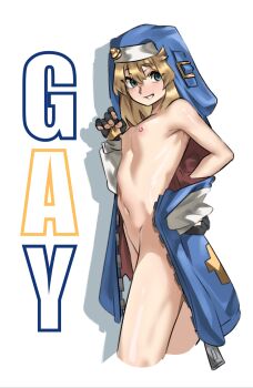 1boy black_gloves blonde_hair blue_eyes bridget_(guilty_gear) cropped_legs drop_shadow english_text fingerless_gloves from_side gloves guilty_gear guilty_gear_strive hair_between_eyes hand_on_own_hip hand_up highres hood hooded_jacket jacket kinoshita_(user_vmwv4757) looking_to_the_side male_focus medium_hair naked_jacket navel nipples open_clothes open_jacket puffy_male_chest simple_background solo standing trap white_background