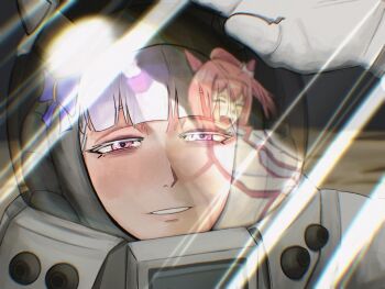 2girls animal_ears astronaut blunt_bangs blush bow closed_eyes ear_bow ear_covers fishbowl_helmet gold_ship_(umamusume) grey_hair haru_urara_(bestest_prize)_(umamusume) haru_urara_(umamusume) helmet highres horse_ears horse_girl interstellar_(movie) jacket johnholl0w long_hair movie_reference multiple_girls open_mouth parted_lips pink_hair ponytail purple_bow purple_eyes reflection scene_reference smile space_helmet spacesuit umamusume white_jacket