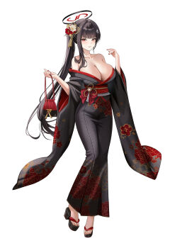 1girl alternate_costume bag bare_shoulders black_hair black_kimono black_sandals blue_archive breasts cleavage commentary flower hair_flower hair_ornament halo highres holding holding_bag japanese_clothes kimono kottungyang large_breasts long_hair looking_at_viewer obi parted_lips ponytail red_bag red_eyes red_flower red_halo red_nails red_sash rio_(blue_archive) sandals sash solo toes white_flower wide_sleeves