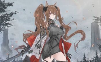 1girl angelina_(arknights) animal_ear_fluff animal_ears arknights arknights:_endfield bare_shoulders black_gloves black_thighhighs breasts brown_hair building closed_mouth coat cowboy_shot day dress elizkras fox_ears fox_girl gilberta_(arknights) gloves grey_dress hair_between_eyes hashtag-only_commentary headpiece high_collar highres holding holding_staff jacket large_breasts long_hair looking_at_viewer open_clothes open_coat outdoors red_coat red_eyes red_jacket solo staff standing thighhighs twintails