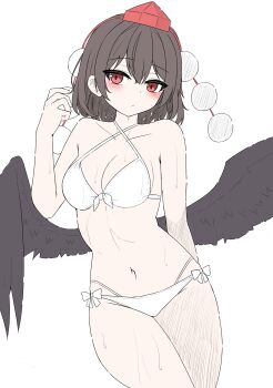 1girl :/ absurdres arm_behind_back bikini black_hair black_wings blush breasts cleavage commentary_request feathered_wings flat_color front-tie_bikini_top front-tie_top hair_between_eyes hand_up hat highleg highleg_bikini highres hip_focus kiui_(dagk8254) medium_breasts medium_hair multi-strapped_bikini_bottom navel nervous pom_pom_(clothes) red_eyes shameimaru_aya solo standing stomach swimsuit tengu thighs tokin_hat touhou wet_bikini white_bikini wings